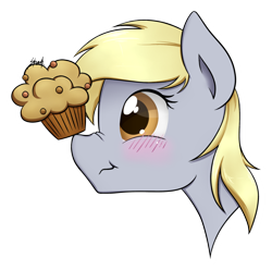 Size: 900x891 | Tagged: safe, artist:midnightpremiere, character:derpy hooves, species:pegasus, species:pony, blushing, cute, derpabetes, female, food, mare, muffin, nose wrinkle, solo, that pony sure does love muffins
