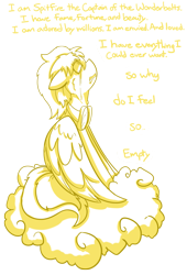 Size: 2647x3893 | Tagged: safe, artist:dracojayproduct, character:spitfire, species:pegasus, species:pony, cloud, crying, depression, dialogue, female, floppy ears, goggles, hooves, mare, monochrome, on a cloud, sitting on a cloud, solo, wings
