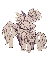 Size: 556x696 | Tagged: safe, artist:buttersprinkle, character:rainbow dash, character:scootaloo, species:pegasus, species:pony, clothing, duo, female, jacket, looking at you, pen drawing, sunglasses, traditional art