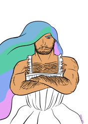 Size: 826x1169 | Tagged: safe, artist:darkhestur, character:princess celestia, species:human, beard, clothing, crossdressing, dress, facial hair, hairy chest, humanized, male, muscles, princess travestia, simple background, solo, white background