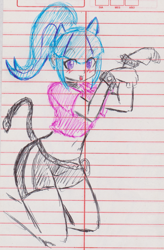 Size: 1317x2002 | Tagged: safe, artist:orochivanus, character:sonata dusk, my little pony:equestria girls, cat ears, cat tail, female, kneeling, lined paper, midriff, open mouth, solo, traditional art
