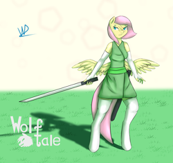 Size: 3607x3386 | Tagged: safe, artist:wolfy-pony, character:fluttershy, species:anthro, species:unguligrade anthro, alternate hairstyle, badass, clothing, female, flutterbadass, katana, kunoichi, ninja, solo, suit, sword, timeline, weapon