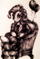 Size: 695x1024 | Tagged: safe, artist:buttersprinkle, character:pinkie pie, armchair, balloon, clothing, female, looking at you, pen drawing, pillow, smiling, solo, traditional art, tuxedo