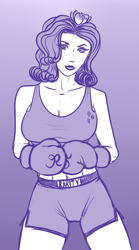 Size: 450x810 | Tagged: safe, artist:hellbridge, character:rarity, species:human, abs, big breasts, boxer, boxing gloves, boxing shorts, breasts, busty rarity, clothing, female, humanized, monochrome, shorts, solo, sports bra, sports shorts