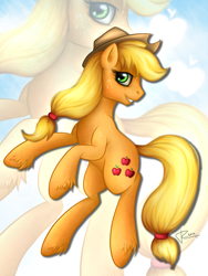 Size: 1200x1600 | Tagged: safe, artist:renaphin, character:applejack, species:earth pony, species:pony, blonde, clothing, detailed, female, freckles, green eyes, hat, help, looking at you, mare, patreon, rearing, shading, shadow, solo, support, unshorn fetlocks, zoom layer