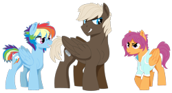 Size: 1300x701 | Tagged: safe, artist:dbkit, character:dumbbell, character:rainbow dash, character:scootaloo, species:pegasus, species:pony, ship:dumbdash, clothing, female, jacket, male, older, older scootaloo, shipping, story included, straight