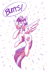 Size: 1585x2405 | Tagged: safe, artist:xieril, character:twilight sparkle, character:twilight sparkle (alicorn), species:alicorn, species:pony, blushing, butts, chest fluff, dialogue, ear fluff, female, flying, looking at you, mare, open mouth, smiling, solo, sparkles, spread wings, starry eyes, teeth, wingding eyes, wings
