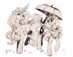 Size: 857x667 | Tagged: safe, artist:buttersprinkle, character:princess celestia, character:princess luna, clothing, duo, pen drawing, rain, scarf, sisters, traditional art, umbrella