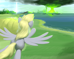 Size: 1125x900 | Tagged: safe, artist:moonlitbrush, character:derpy hooves, species:pegasus, species:pony, comic:derpy deliveries, fallout equestria, balefire bomb, ditzy doo, explosion, fanfic, fanfic art, female, flying, grimdark series, grotesque series, hill, hooves, manehattan, mare, megaspell, megaspell explosion, mushroom cloud, nuclear explosion, scenery, solo, spread wings, wings