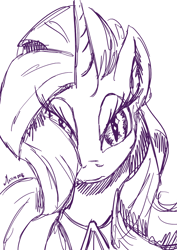 Size: 826x1169 | Tagged: safe, artist:darkhestur, character:nightmare rarity, character:rarity, female, lineart, looking at you, monochrome, sketch, solo