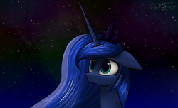 Size: 1424x866 | Tagged: safe, artist:setharu, character:princess luna, species:alicorn, species:pony, bust, eye reflection, female, floppy ears, frown, jewelry, lidded eyes, looking up, mare, night, outdoors, regalia, signature, sky, solo, stars