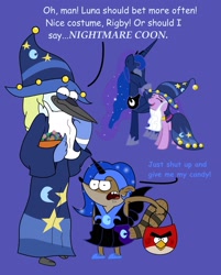 Size: 1684x2098 | Tagged: safe, artist:cartuneslover16, character:nightmare moon, character:princess luna, character:twilight sparkle, episode:luna eclipsed, g4, my little pony: friendship is magic, angry birds, candy, clothing, comic sans, cosplay, crossover, food, hat, mordecai, mordecai and rigby, nightmare night, regular show, rigby, text, wizard, wizard hat