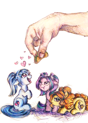 Size: 912x1276 | Tagged: safe, artist:buttersprinkle, character:adagio dazzle, character:aria blaze, character:sonata dusk, behaving like a dog, colored pencil drawing, cute, food, grumpy, hand, heart, micro, pen drawing, ponified, size difference, sonataco, taco, that pony sure does love tacos, the dazzlings, tiny, tiny ponies, traditional art