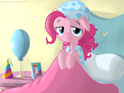 Size: 1024x768 | Tagged: safe, artist:frankier77, character:pinkie pie, species:earth pony, species:pony, bed, bed hair, clothing, female, hat, messy mane, morning ponies, nightcap, pajamas, party hat, solo