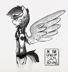 Size: 878x922 | Tagged: safe, artist:xieril, character:rainbow dash, beanbrows, clothing, female, hoodie, monochrome, scarf, semi-anthro, solo, straight face
