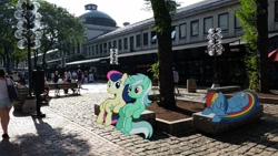 Size: 1043x587 | Tagged: safe, artist:stinkehund, artist:tamalesyatole, artist:thedoubledeuced, character:bon bon, character:lyra heartstrings, character:rainbow dash, character:sweetie drops, species:human, bench, boston, comfy, faneuil hall marketplace, irl, photo, ponies in real life, shadow, sitting, sitting lyra, sleeping, tree, vector