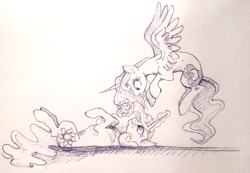 Size: 1142x792 | Tagged: safe, artist:buttersprinkle, character:princess celestia, character:princess luna, cookie, eating, food, monochrome, sketch, traditional art
