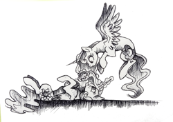 Size: 1160x820 | Tagged: safe, artist:buttersprinkle, character:princess celestia, character:princess luna, cookie, duo, eating, food, grayscale, looking at each other, monochrome, simple background, traditional art, white background