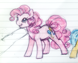 Size: 941x759 | Tagged: safe, artist:buttersprinkle, character:pinkie pie, species:human, chin scratch, cute, diapinkes, finger, hand, lined paper, size difference, tiny, tiny ponies, traditional art