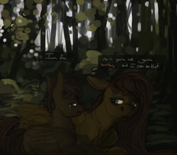 Size: 1600x1400 | Tagged: safe, artist:celestiawept, character:fluttershy, character:scootaloo, species:pegasus, species:pony, crying, dialogue, duo, folded wings, forest, lying down, text