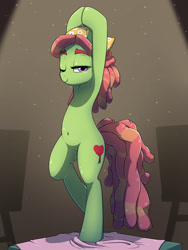 Size: 1200x1600 | Tagged: safe, artist:frankier77, character:tree hugger, species:pony, episode:on your marks, g4, my little pony: friendship is magic, art class, belly button, bipedal, cute, dust motes, female, huggerbetes, scene interpretation, solo, wink