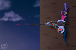 Size: 1024x683 | Tagged: safe, artist:midnightpremiere, species:earth pony, species:pony, crossover, female, gun, hooves, mare, optical sight, overwatch, ponified, rifle, sniper rifle, solo, weapon, widowmaker