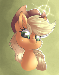 Size: 1600x2030 | Tagged: safe, artist:sourspot, character:applejack, species:earth pony, species:pony, abstract background, bust, ear fluff, female, lens flare, mare, portrait, smiling, solo, three quarter view