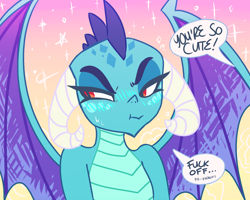 Size: 1800x1441 | Tagged: safe, artist:xieril, character:princess ember, species:dragon, episode:gauntlet of fire, g4, my little pony: friendship is magic, blushing, cute, dialogue, emberbetes, female, i'm not cute, madorable, offscreen character, solo, speech bubble, tsundember, tsundere, vulgar