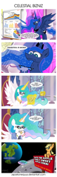 Size: 1675x5200 | Tagged: safe, artist:zsparkonequus, character:applejack, character:princess celestia, character:princess luna, species:alicorn, species:earth pony, species:pony, advertisement, billboard, chart, clothing, coffee cup, comic, cup, diagram, female, flipchart, glasses, glowing horn, hoof hold, magic, mare, misspelling, moon, mug, newspaper, pie chart, planet, pointer, pointing, reading, request, royal sisters, statistics, suit, telekinesis, your ad could be here