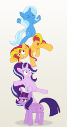 Size: 1275x2420 | Tagged: safe, artist:zelc-face, character:starlight glimmer, character:sunset shimmer, character:trixie, character:twilight sparkle, character:twilight sparkle (alicorn), species:alicorn, species:pony, species:unicorn, balancing, counterparts, eyes closed, magical quartet, magical trio, tower of pony, twilight's counterparts