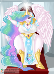 Size: 2702x3724 | Tagged: safe, artist:professordoctorc, character:princess celestia, species:anthro, species:unguligrade anthro, banner, bbw, big breasts, breasts, busty princess celestia, chubby, chubbylestia, clothing, fat, female, hips, huge breasts, impossibly wide hips, praise the sun, solo, wide hips