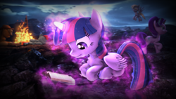 Size: 3840x2160 | Tagged: safe, artist:imafutureguitarhero, character:applejack, character:derpy hooves, character:rainbow dash, character:starlight glimmer, character:twilight sparkle, character:twilight sparkle (alicorn), species:alicorn, species:pony, 3d, 4k, book, campfire, female, fire, glowing horn, magic, mare, reading, source filmmaker