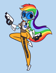 Size: 1166x1500 | Tagged: safe, artist:khuzang, character:rainbow dash, my little pony:equestria girls, butt, crossover, equestria girls-ified, female, goggles, gun, overwatch, pistol, rainbow tracer, rainbutt dash, solo, tracer