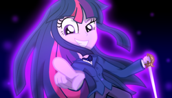 Size: 1400x800 | Tagged: safe, artist:geraritydevillefort, character:twilight sparkle, my little pony:equestria girls, crossover, cute, cute little fangs, evil grin, fangs, female, glow, grin, monsparkle, mystic arte, rapier, smiling, smirk, solo, sword, the count of monte cristo, weapon