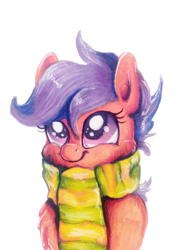 Size: 650x897 | Tagged: safe, artist:buttersprinkle, character:scootaloo, species:pegasus, species:pony, bust, clothing, cute, cutealoo, female, fluffy, portrait, scarf, simple background, smiling, solo, traditional art, white background
