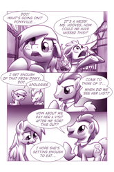 Size: 900x1362 | Tagged: safe, artist:moonlitbrush, character:derpy hooves, character:doctor whooves, character:time turner, species:pegasus, species:pony, comic:unintentionally spreading happiness, comic, cute, female, mare, monochrome, ponyville, smiling, wide eyes