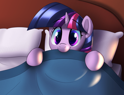 Size: 1940x1500 | Tagged: safe, artist:january3rd, character:twilight sparkle, species:pony, species:unicorn, g4, bed, blanket, cute, eyebrows, eyebrows visible through hair, female, hoof hold, looking at you, mare, morning ponies, nom, pillow, smiling, solo, twiabetes