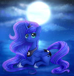 Size: 1280x1323 | Tagged: dead source, safe, artist:fluffymaiden, character:princess luna, species:alicorn, species:pony, cloud, cute, female, full moon, heart eyes, lunabetes, mare, moon, night, prone, sky, solo, starry night, stars, wingding eyes