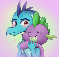 Size: 800x771 | Tagged: safe, artist:midnightpremiere, character:princess ember, character:spike, species:dragon, ship:emberspike, blushing, cute, dragoness, emberbetes, eyes closed, fangs, female, gradient background, heart, hug, hug from behind, it's called a hug, male, purple background, shipping, signature, simple background, smiling, spikabetes, spikelove, straight, weapons-grade cute
