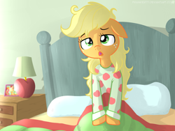 Size: 1024x768 | Tagged: safe, artist:frankier77, character:applejack, species:earth pony, species:pony, bed mane, clothing, female, loose hair, morning ponies, pajamas, solo, yawn