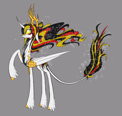 Size: 1698x1618 | Tagged: safe, artist:australian-senior, oc, oc only, oc:niomedes invictus, species:alicorn, species:kirin, species:pony, alternate universe, antlers, colored hooves, colored sclera, glados, golden eyes, gray background, hair bun, kirindos, leonine tail, ponified, portal (valve), raised hoof, scales, simple background, skinny, solo, unshorn fetlocks