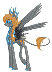 Size: 1539x2114 | Tagged: safe, artist:australian-senior, species:kirin, alternate universe, antlers, blue eyes, colored hooves, colored sclera, covered in scars, kirindos, leonine tail, ponified, portal (valve), portal 2, scar, simple background, solo, tattered wings, transparent background, unshorn fetlocks, wheatley