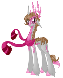 Size: 1044x1292 | Tagged: safe, artist:australian-senior, species:kirin, alternate universe, antlers, clothing, colored hooves, colored sclera, fact core, kirindos, pink eyes, ponified, portal (valve), portal 2, scales, scarf, simple background, solo, transparent background, unshorn fetlocks