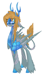 Size: 754x1275 | Tagged: safe, artist:australian-senior, species:kirin, alternate universe, antlers, blue eyes, colored hooves, colored sclera, covered in scars, glasses, kirindos, ponified, portal (valve), portal 2, scales, scar, solo, tattered wings, unshorn fetlocks, wheatley