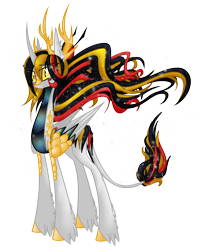 Size: 1230x1480 | Tagged: safe, artist:australian-senior, oc, oc only, oc:niomedes invictus, species:alicorn, species:kirin, species:pony, alternate universe, antlers, colored hooves, crying, glados, kirindos, leonine tail, ponified, portal (valve), scales, slit pupils, solo, unshorn fetlocks, yellow eyes