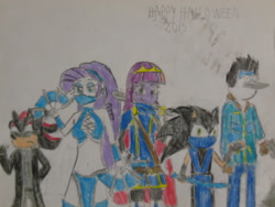 Size: 1024x768 | Tagged: safe, artist:brandonale, character:rarity, character:sonic the hedgehog, character:twilight sparkle, my little pony:equestria girls, ajay ghale, albert wesker, belly button, clothing, cosplay, costume, crossover, far cry 4, fire emblem, halloween, happy halloween, lucina, midriff, mordecai, mortal kombat, regular show, resident evil 5, sega, shadow the hedgehog, sonic the hedgehog (series), sub-zero, traditional art