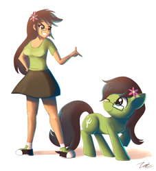 Size: 1500x1650 | Tagged: safe, artist:zelc-face, oc, oc only, oc:brianna, oc:prickly pears, species:human, clothing, commission, cute, glasses, human ponidox, humanized, ponidox, raised hoof, shoes, signature, skirt, sneakers, socks, solo, wink