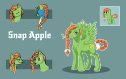 Size: 3537x2235 | Tagged: safe, artist:vindhov, oc, oc only, oc:snap apple, parent:applejack, parent:soarin', parents:soarinjack, species:pegasus, species:pony, bow, braid, braided tail, female, freckles, mare, offspring, simple background, solo, tail bow, teal background