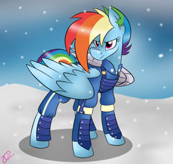 Size: 1545x1456 | Tagged: safe, artist:jack-pie, character:rainbow dash, species:pegasus, species:pony, episode:the cutie re-mark, alternate timeline, amputee, apocalypse dash, augmented, clothing, crystal war timeline, female, metal wing, prosthetic limb, prosthetic wing, prosthetics, solo