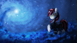 Size: 2560x1440 | Tagged: safe, artist:setharu, artist:sgtwaflez, oc, oc only, oc:blackjack, species:pony, species:unicorn, fallout equestria, fallout equestria: project horizons, armor, clothing, cloud, fanfic, fanfic art, female, hooves, horn, mare, pipbuck, raised hoof, security armor, solo, spiral, stars, vault security armor, vault suit, wallpaper